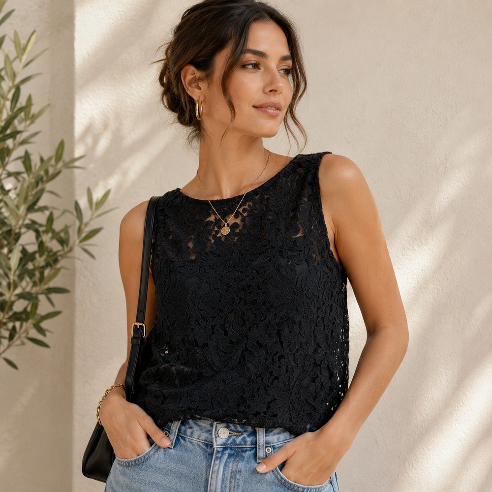 Banana Republic Womens Black Floral Lace V-Neck Sleeveless Shell M Top Sheer - Picture 1 of 13